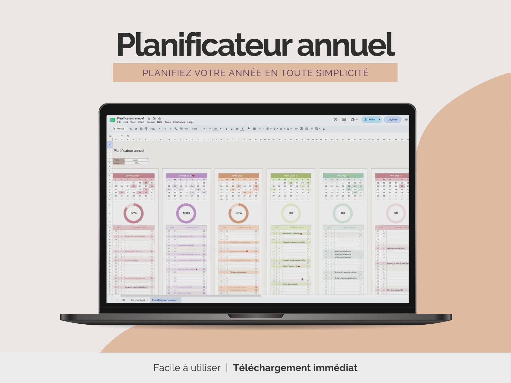 Vidéo Planificateur annuel Google Sheets | Calendrier 12 mois planner digital agenda