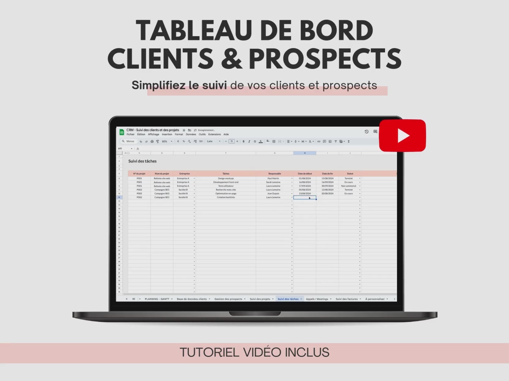 Tableau de bord CRM clients et prospects Google sheets