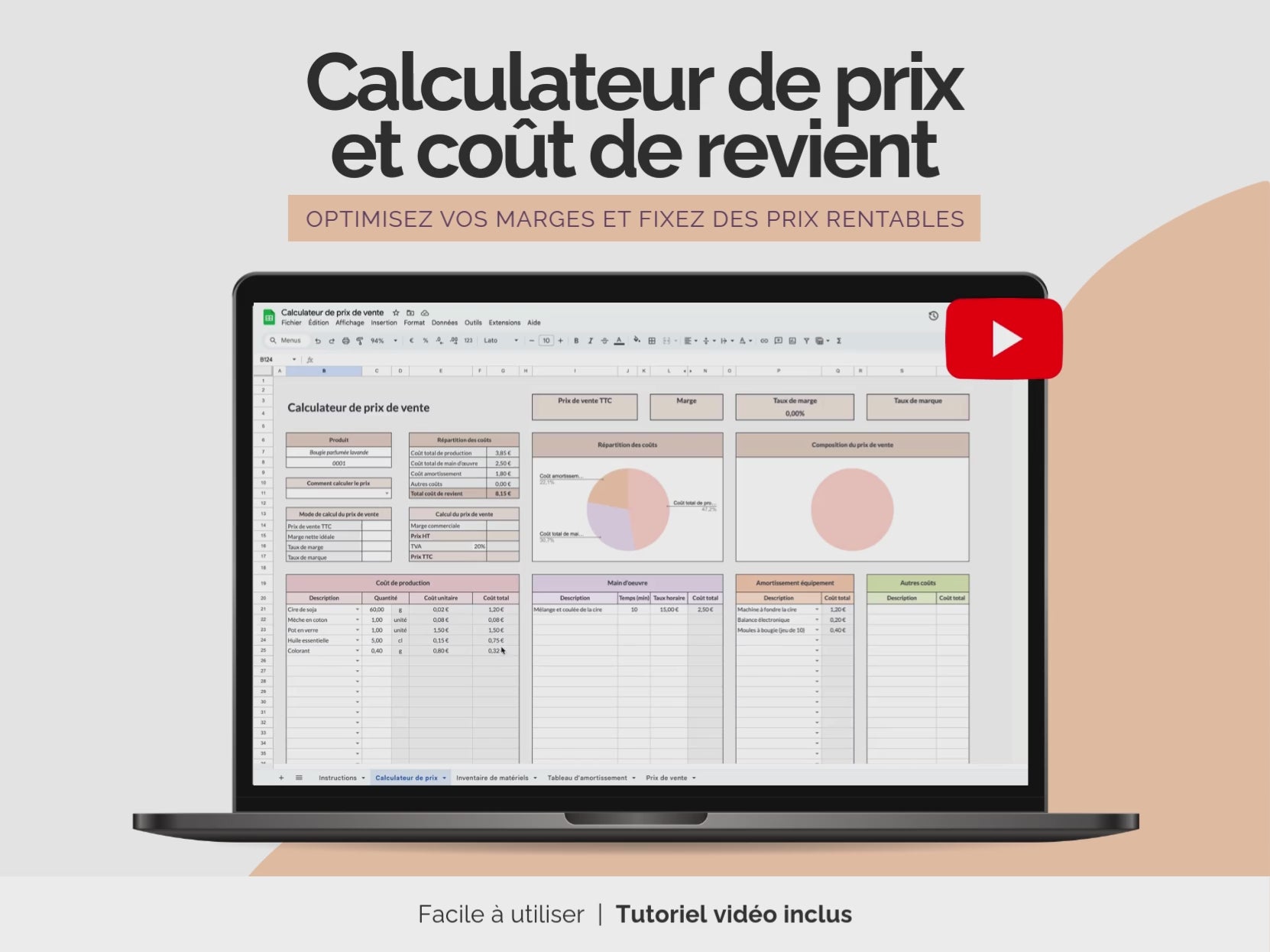 Vidéo utilisation calculateur de prix de vente et coût de revient Google sheets