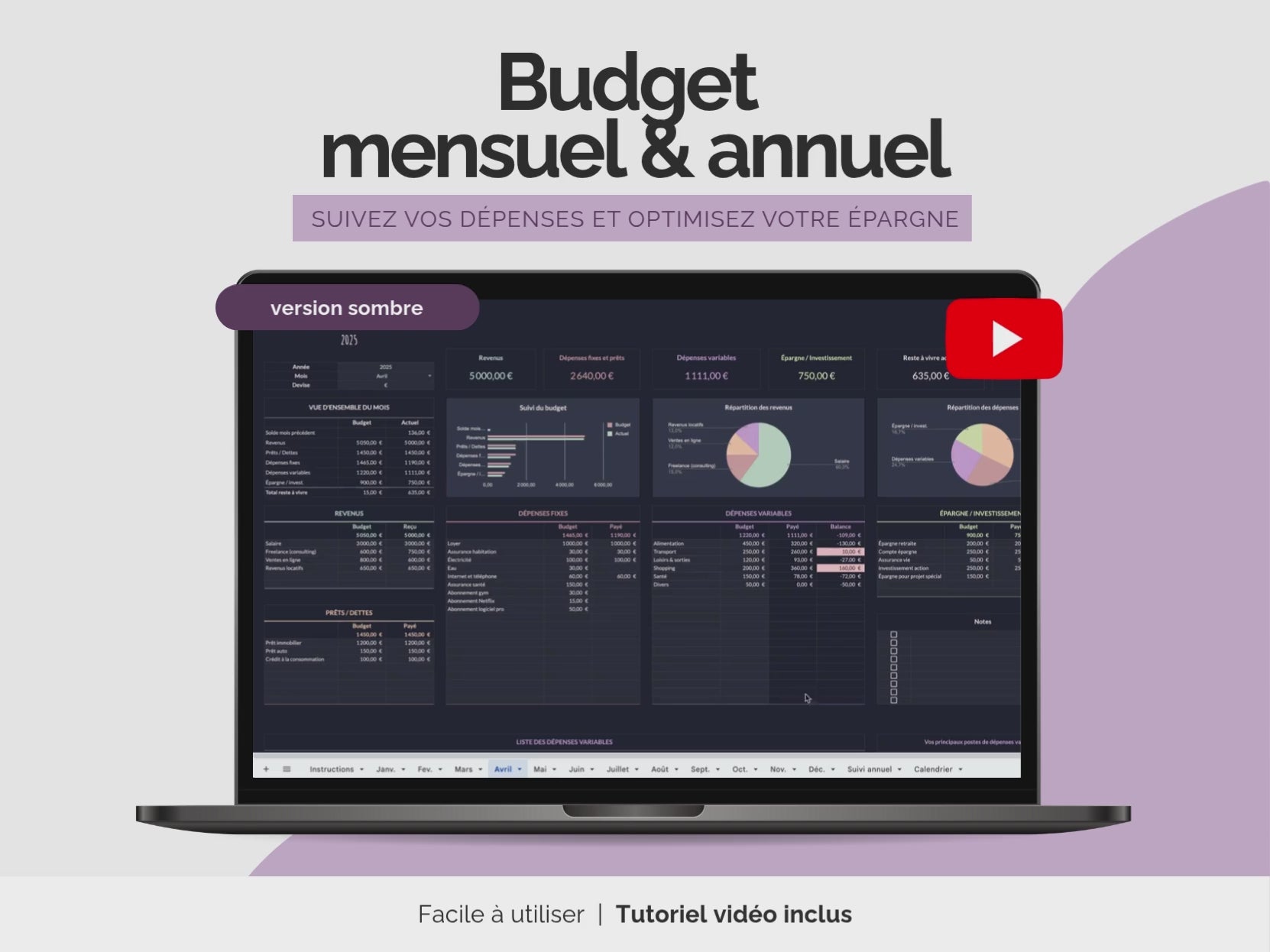 Vidéo budget mensuel et annuel Excel Google sheets