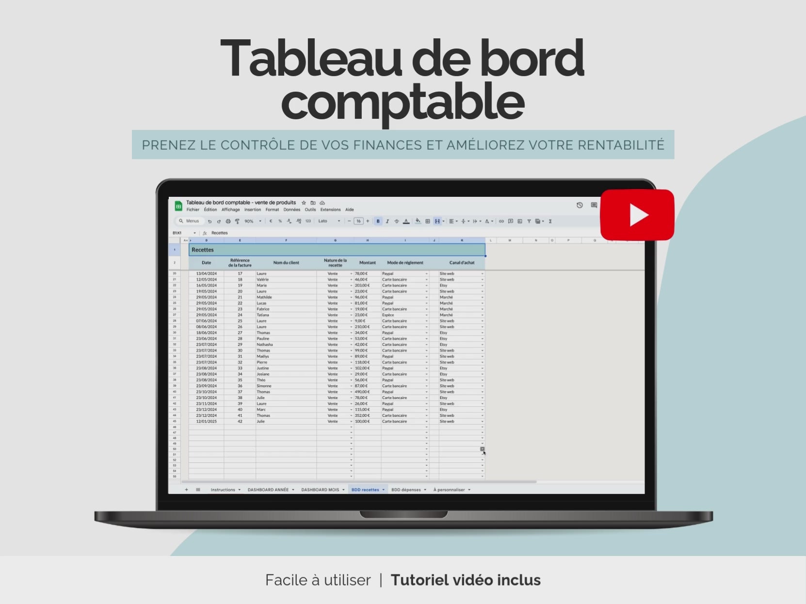 Vidéo Tableau de bord comptable Excel Google sheets - Suivi des ventes et dépenses micro entreprise